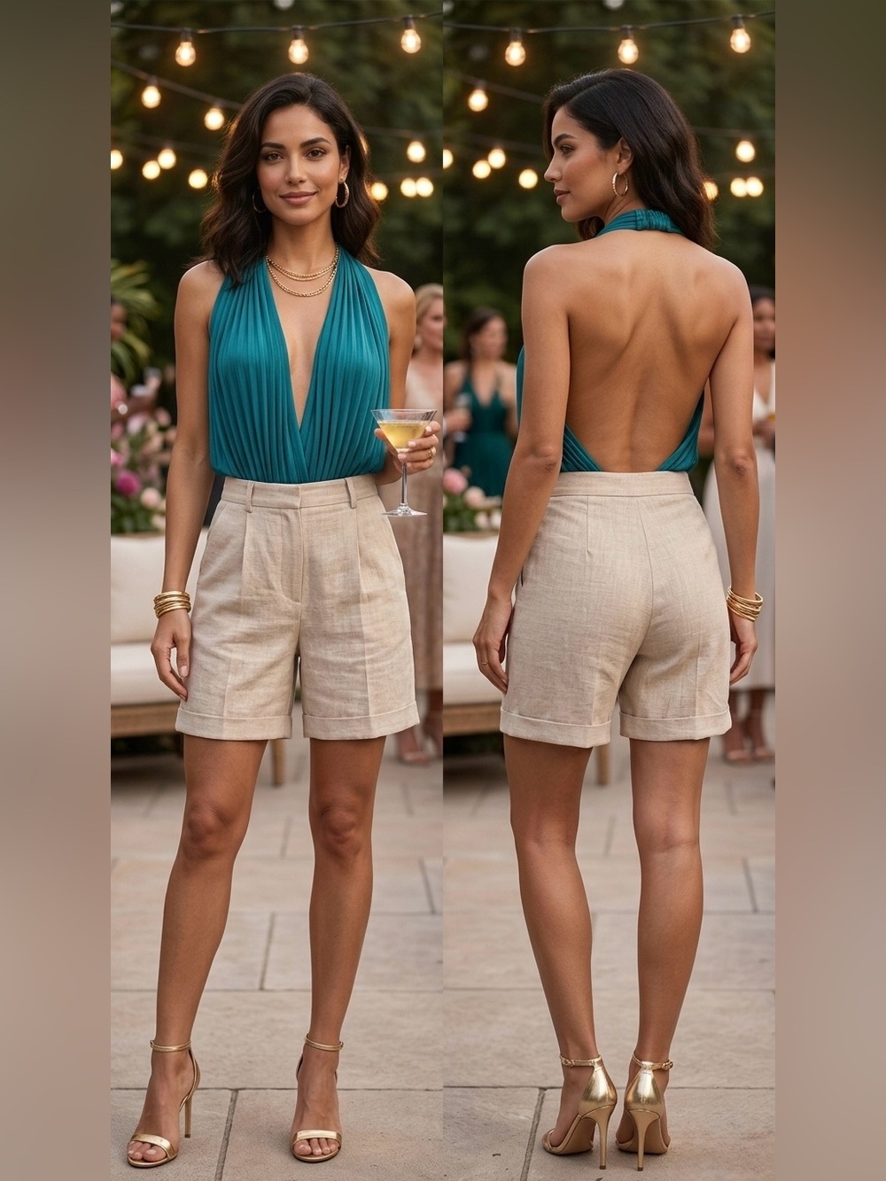 Caribbean Queen Teal Halter Bodysuit with Pleated Front